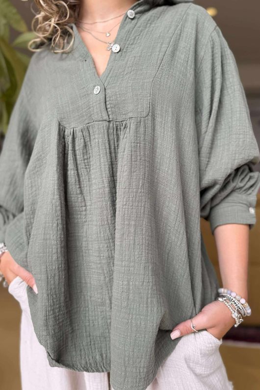Made in Italy Santos Collared Peasant Smock Blouse Khaki